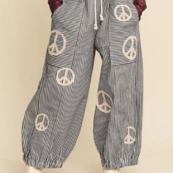 DD1 Davi & Dani Pinstripe Palazzo Peace Sign Pants in Taupe - Picture 3 of 8